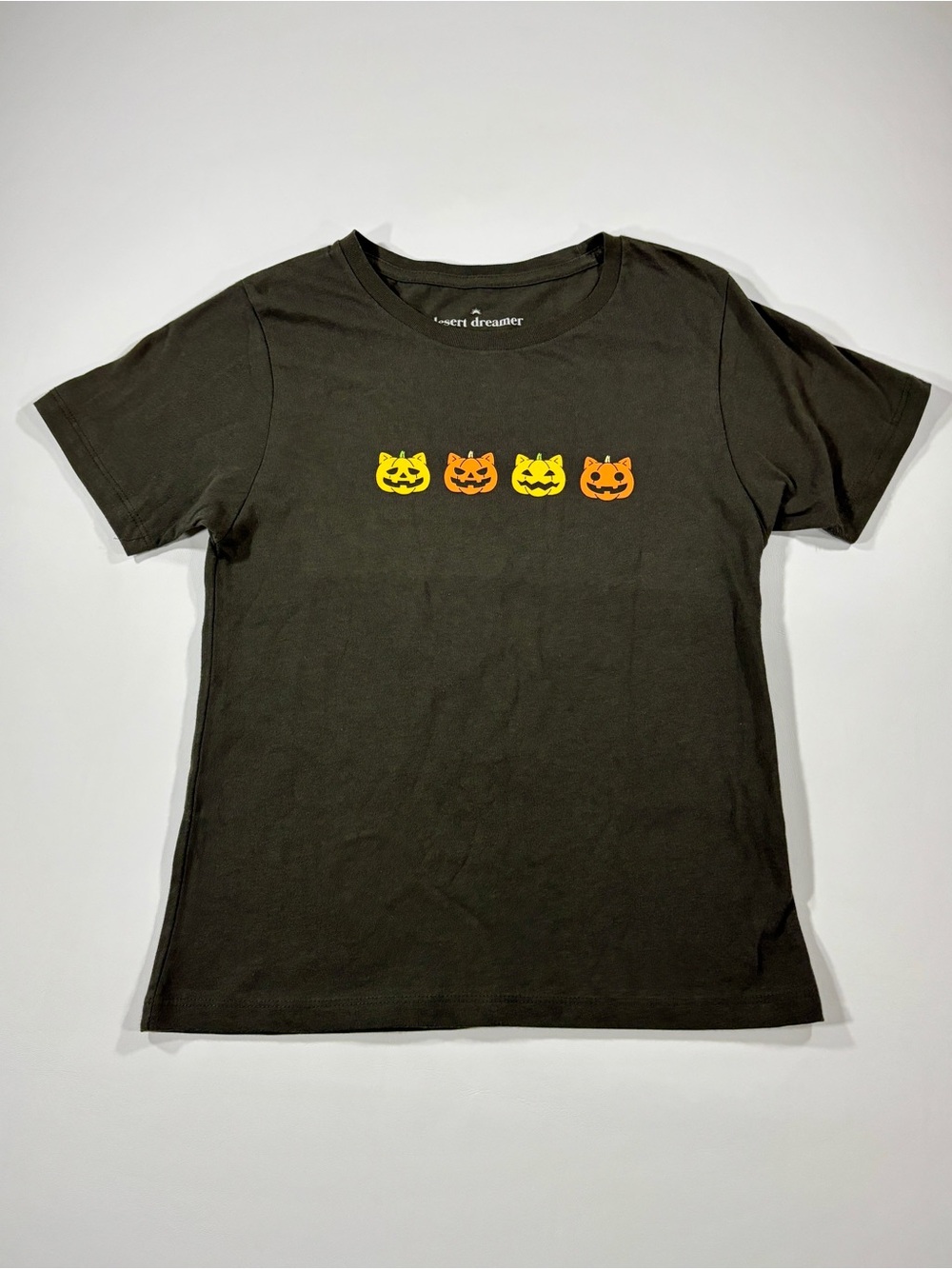Desert Dreamer Halloween Cat Pumpkin Graphic Tee Black Cotton T-Shirt Women’s M
